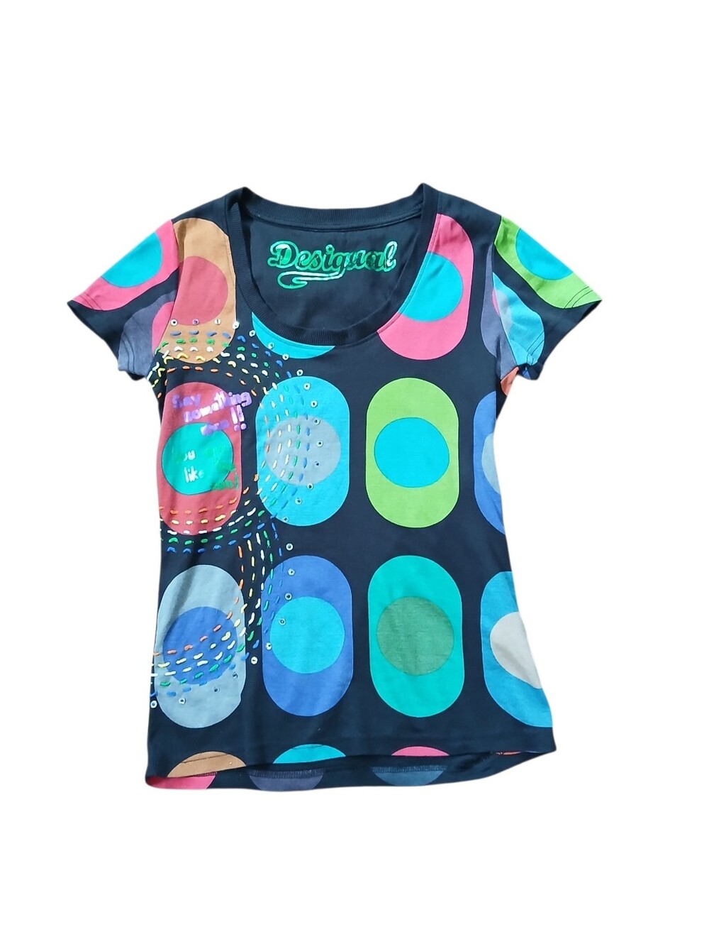 Desigual Retro Geometric Circle Embellished T-Shirt - Size M
